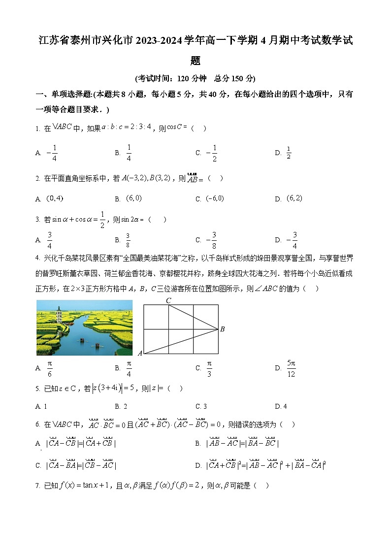 江苏省泰州市兴化市2023-2024学年高一下学期4月期中考试数学试题（原卷版+解析版）01