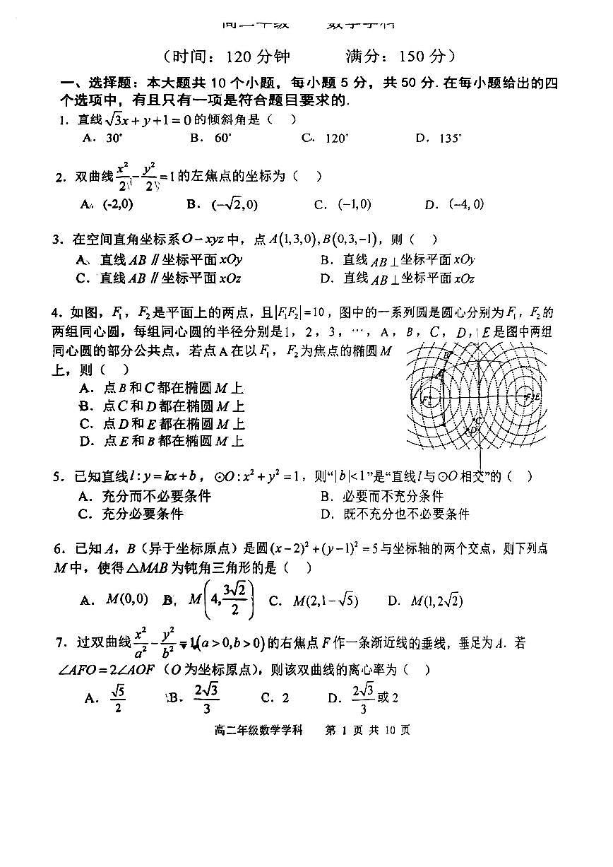 2023--2024 学年上学期高二数学期中试卷第1页