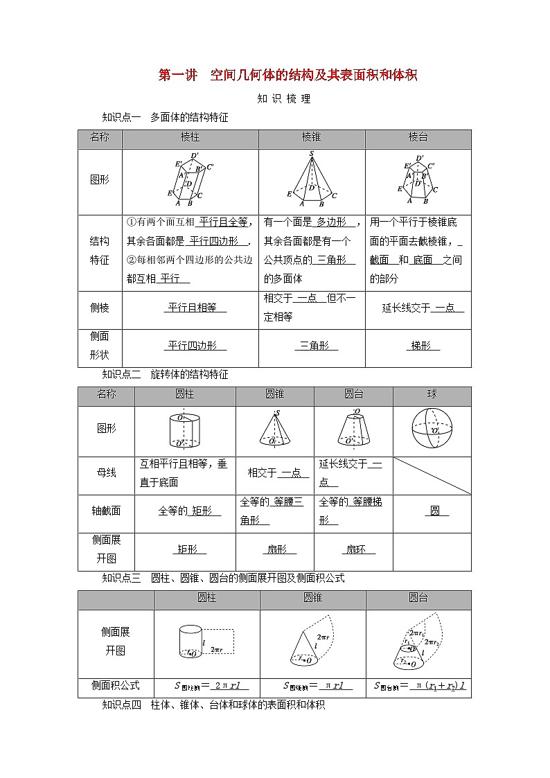 2025版高考数学一轮总复习知识梳理训练题第7章立体几何第1讲空间几何体的结构及其表面积和体积第1页