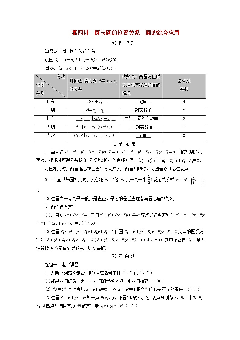 2025版高考数学一轮总复习知识梳理训练题第8章平面解析几何第4讲圆与圆的位置关系圆的综合应用第1页