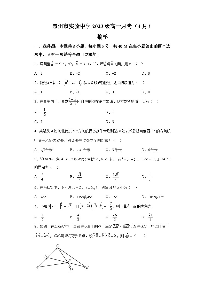 广东省惠州市实验中学2023-2024学年高一下学期4月月考数学试题（解析版）01