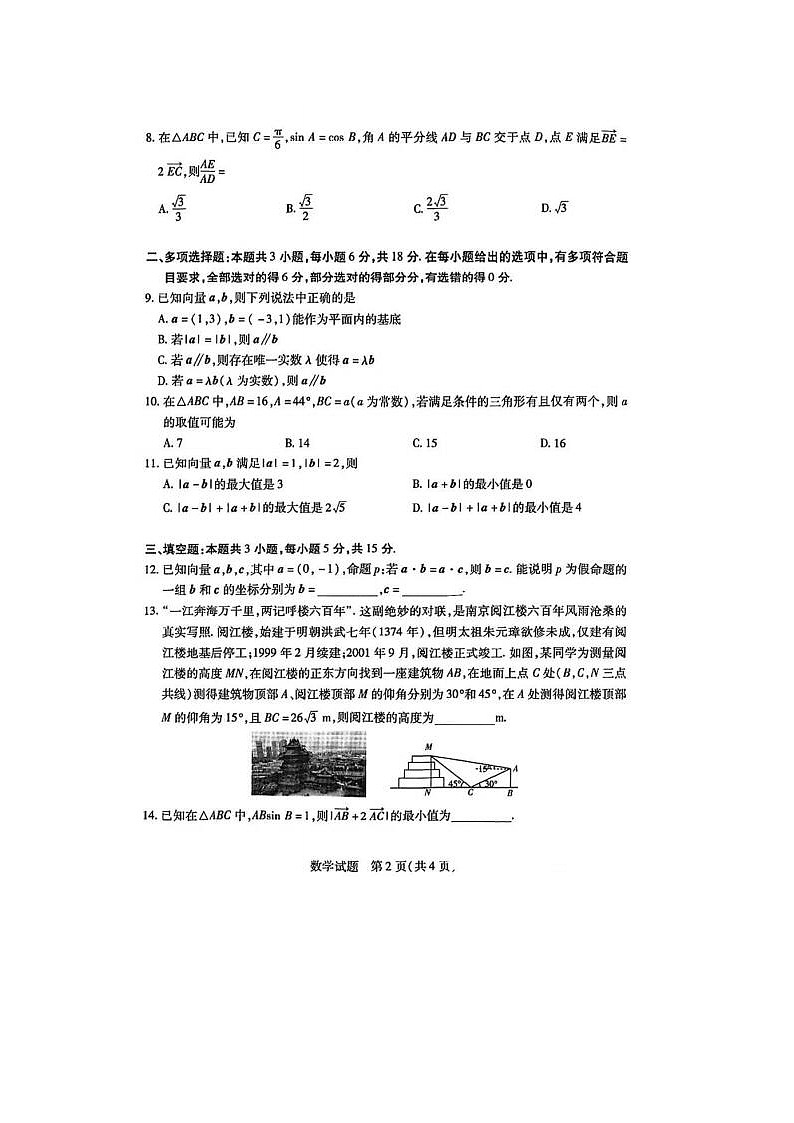 2024届天一大联考高一下学期阶段性测试月考数学试题第2页