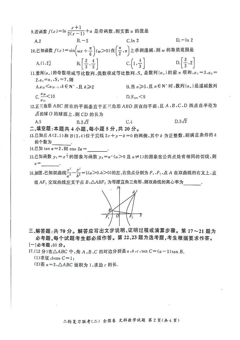 2024届陕西省安康市高新中学等校高三下学期模拟考试文科数学试题第2页