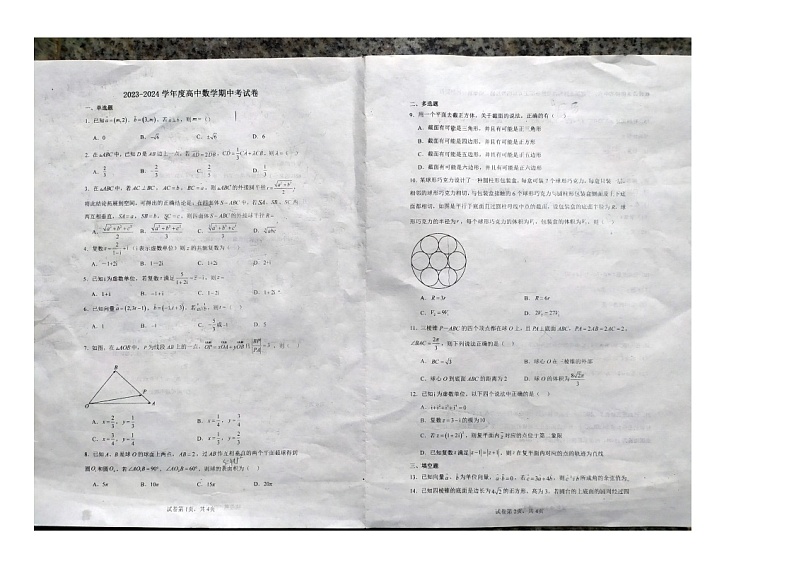 河北省文安县第一中学2023-2024学年高一下学期4月月考数学试题第1页