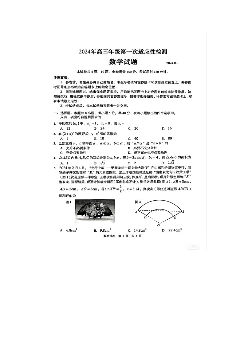 2024届山东青岛高三一模数学试题第1页