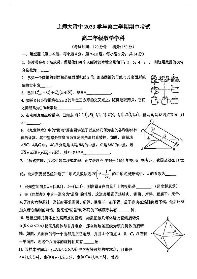 上海市浦东新区上海师范大学附属中学2023-2024学年高二下学期期中考试数学试卷01