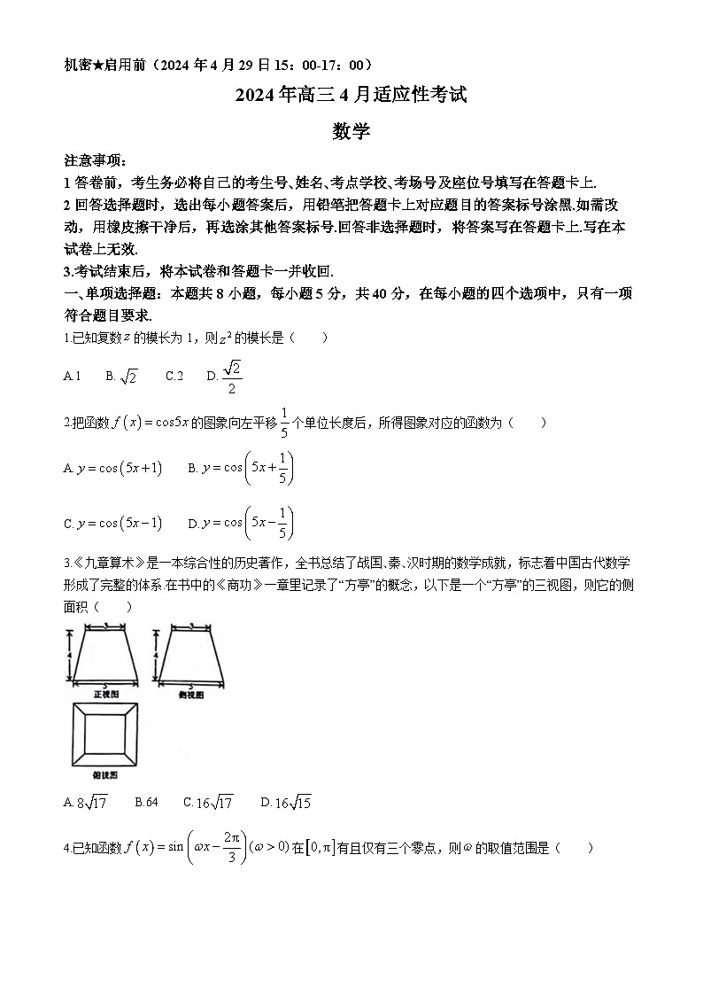 河南省新县高级中学2024届高三4月适应性考试数学试题(无答案)第1页