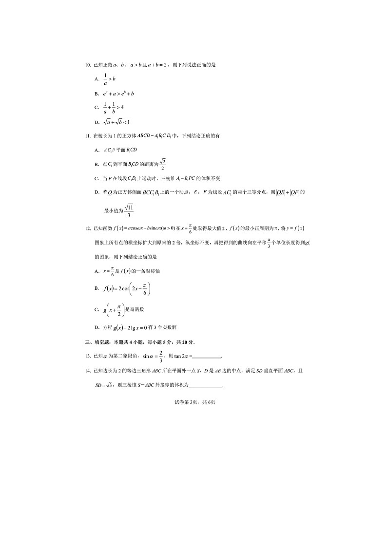 2024届黑龙江省哈三中高三上学期数学期末考试题第3页