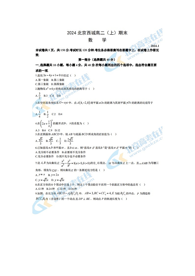 2024届北京西城区高二上学期数学期末试题01