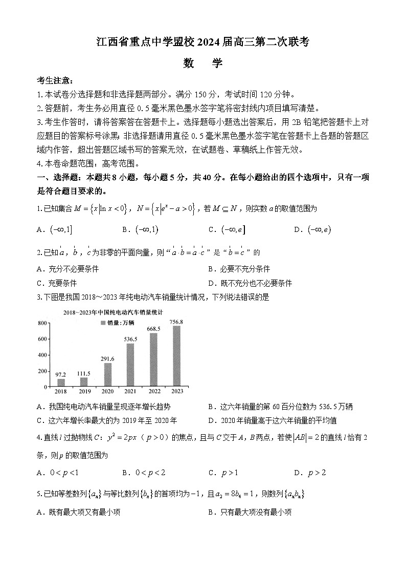 江西省重点中学盟校2024届高三第二次联考数学试题（Word版附答案）第1页