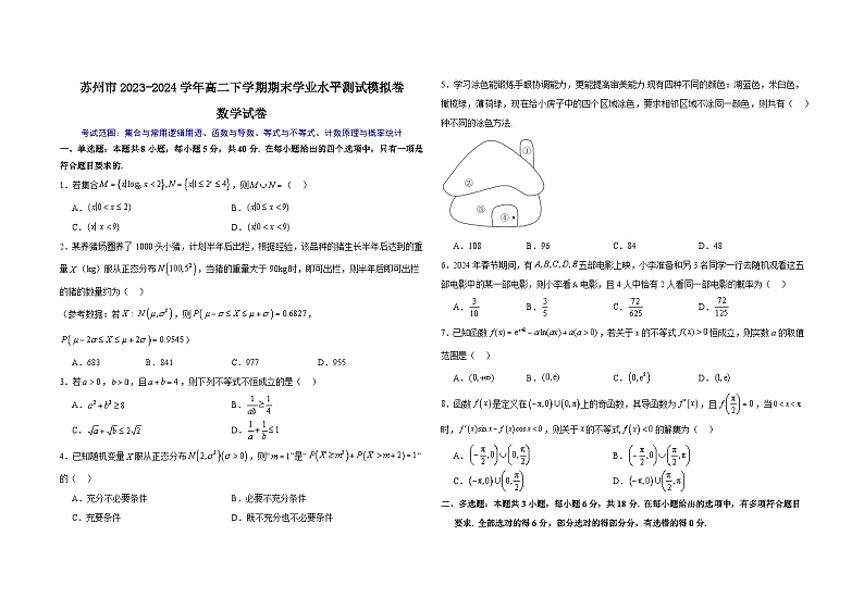 江苏省苏州市2023-2024学年高二下学期期末学业水平测试数学模拟卷01