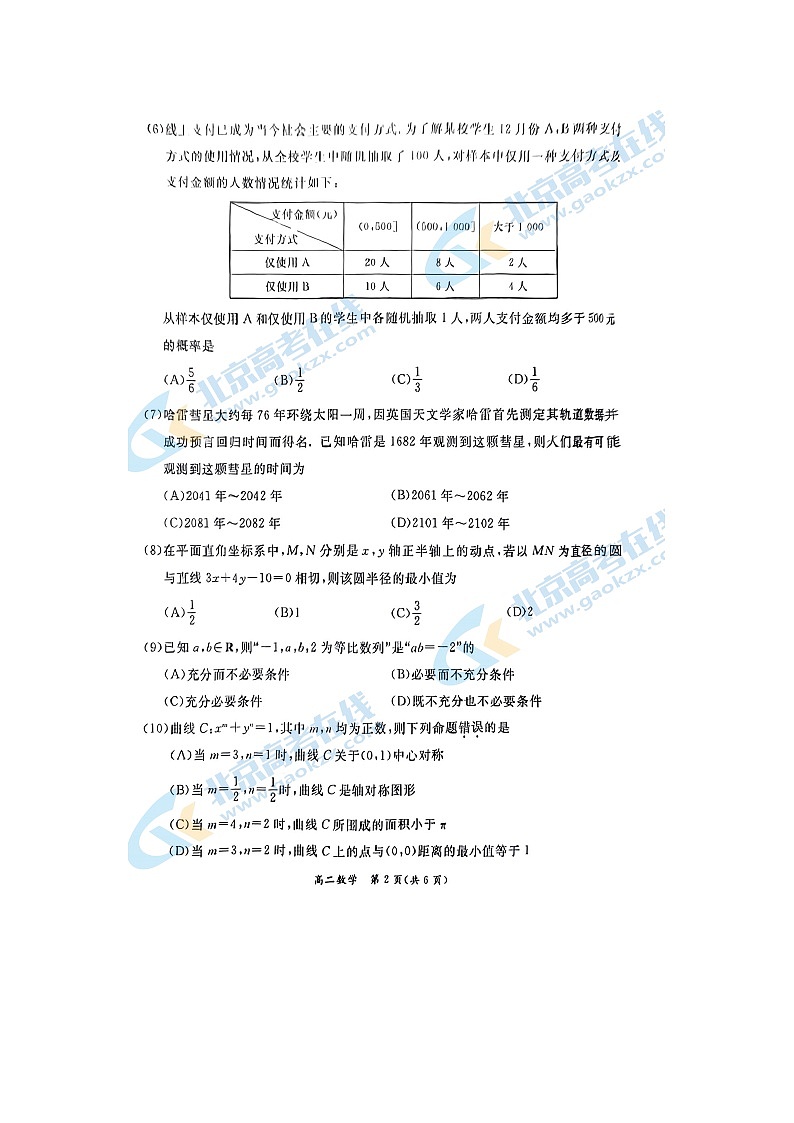 2024届北京东城区高二上学期数学期末试题02