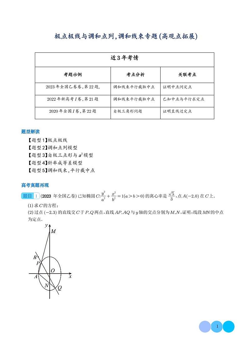 2024届高考数学二轮复习 极点极线与调和点列，调和线束（高观点下的圆锥曲线拓展）（原卷版+解析版）01