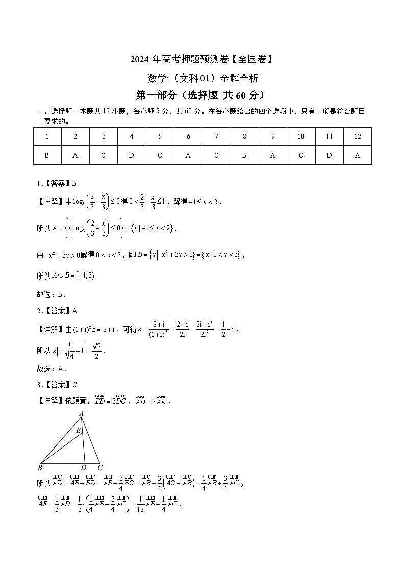 2024年高考押题预测卷—数学（全国卷文科01）（全解全析）01