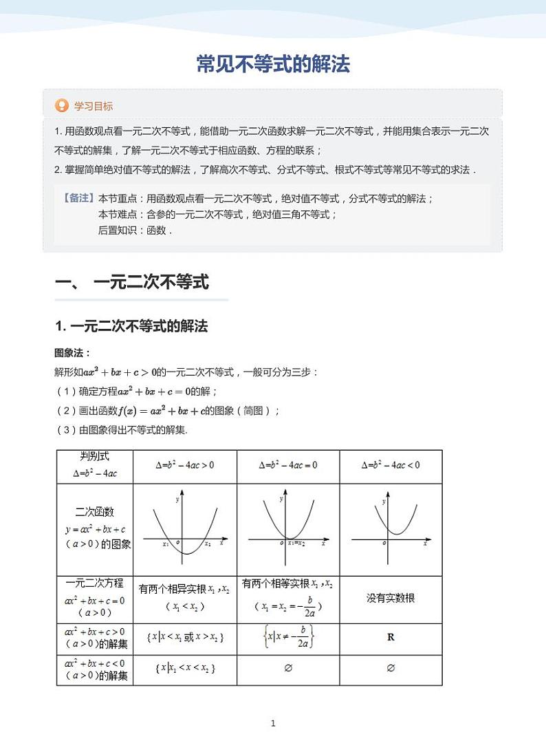 人教A版（2019）高中数学必修一讲义03一元二次函数、不等式01