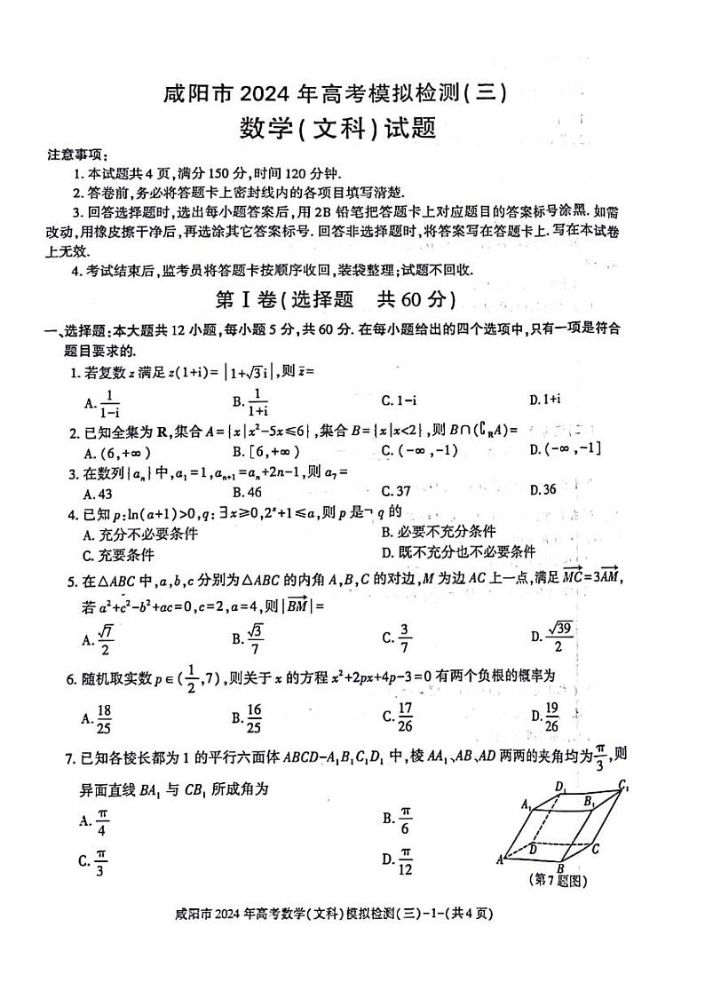 陕西省咸阳市2024届高三下学期三模考试数学（文）试卷（PDF版附答案）01