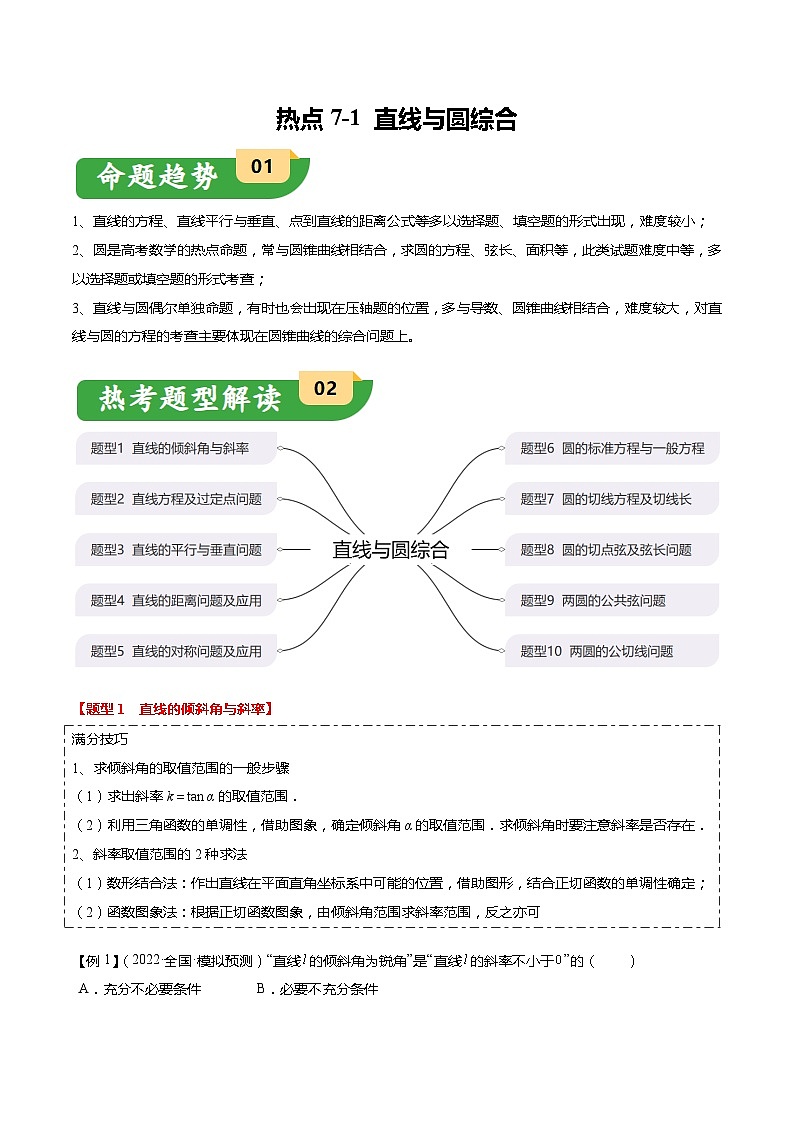 热点7-1 直线与圆综合（10题型+满分技巧+限时检测）-2024年高考数学【热点·重点·难点】专练（新高考专用）01