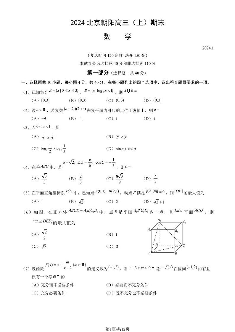 2024北京市朝阳区高三上学期期末数学试卷及答案01