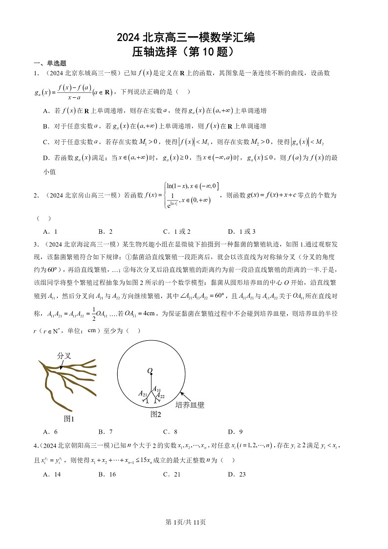 2024北京高三一模数学试题分类汇编：压轴选择（第10题）第1页