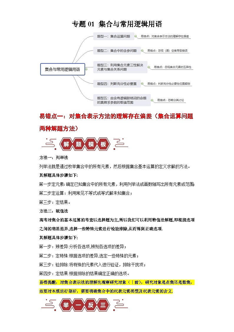 【二轮复习】高考数学专题01 集合与常用逻辑用语 （易错题）（新高考专用）（原卷版）第1页