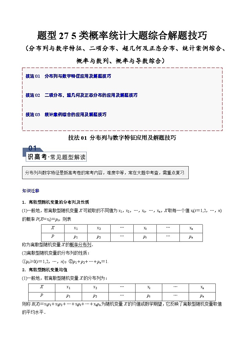 【二轮复习】高考数学 题型27 5类概率统计大题综合（解题技巧）（原卷版）第1页