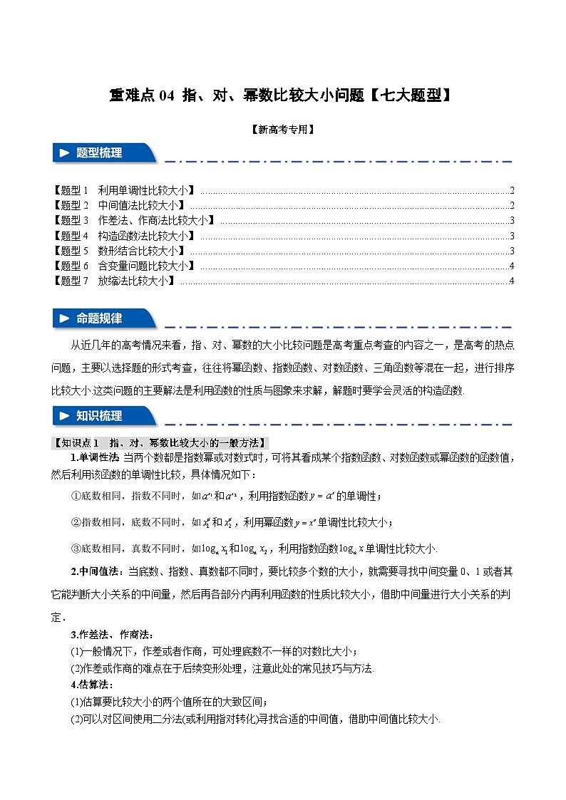 【二轮复习】高考数学 重难点04 指、对、幂数比较大小问题（新高考专用）（原卷版）第1页