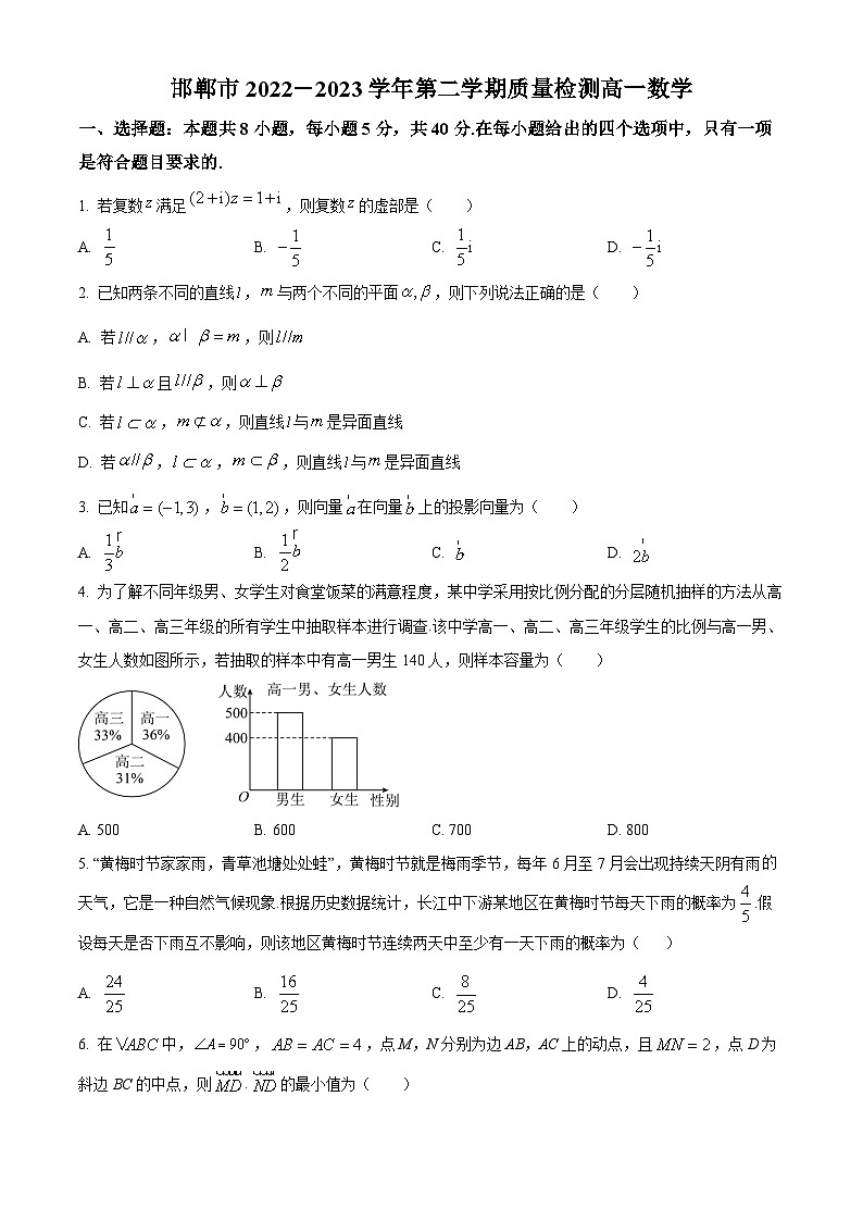 河北省邯郸市2022-2023学年高一下学期期末数学试题（Word版附答案）01