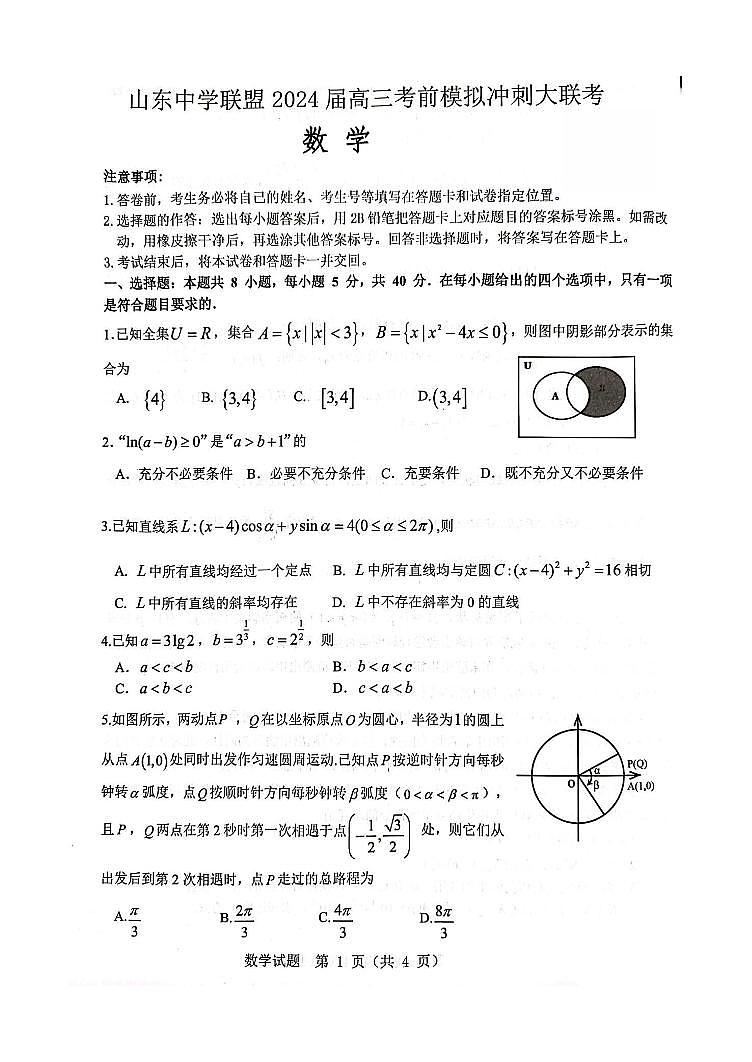 山东省中学联盟2024届高三下学期5月份考前冲刺大联考数学试题(1)第1页