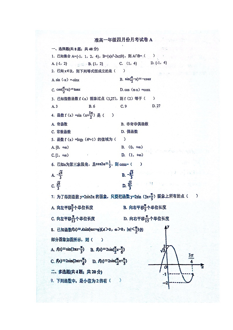 湖南省衡阳市耒阳市正源学校2023-2024学年准高一下学期4月月考数学试题A01