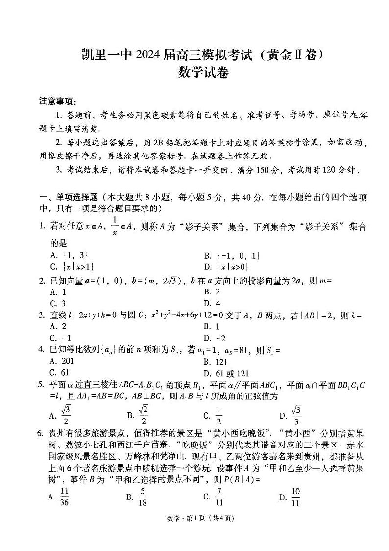 贵州省凯里市第一中学2024届高三模拟考试（黄金Ⅱ卷）数学试卷第1页