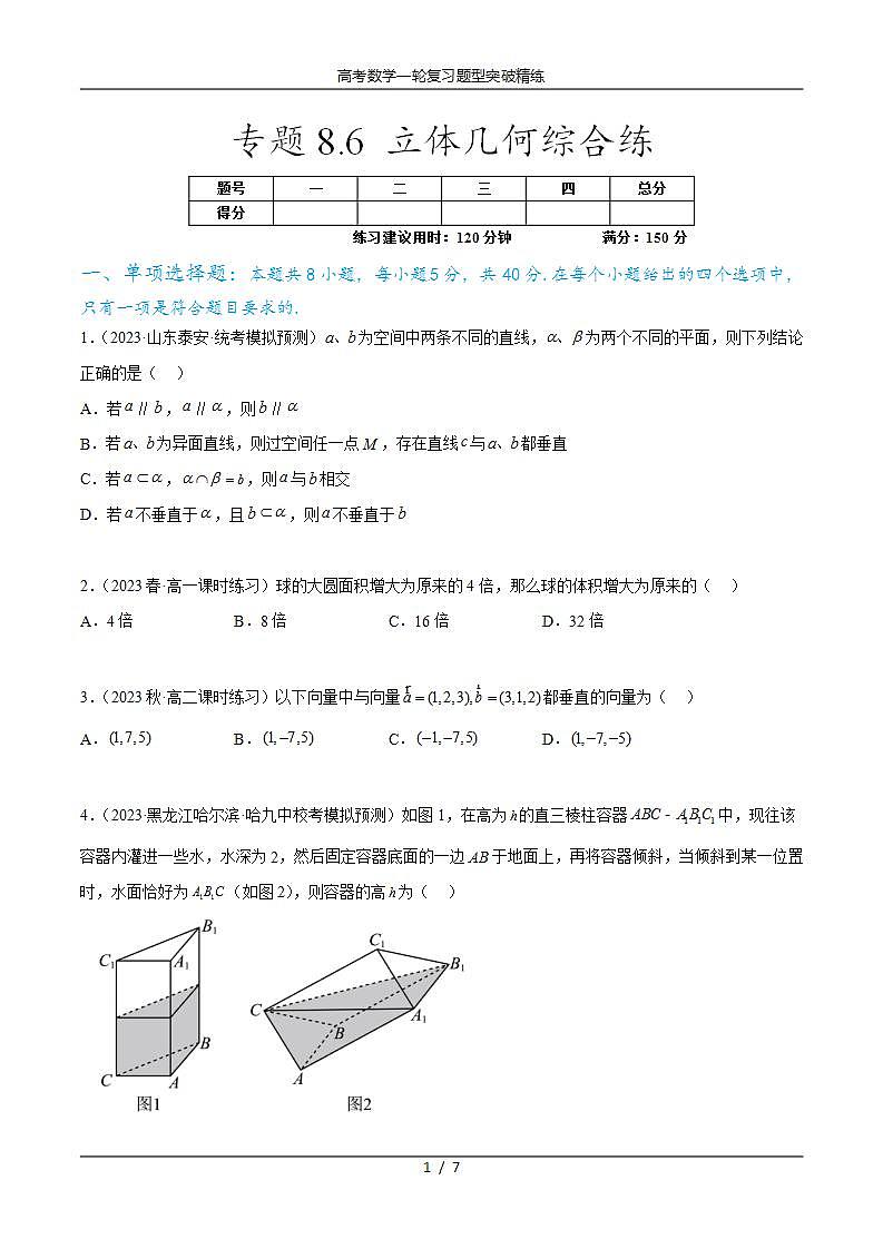 2025年高考数学一轮复习专题8.6 立体几何综合练(原卷版)第1页