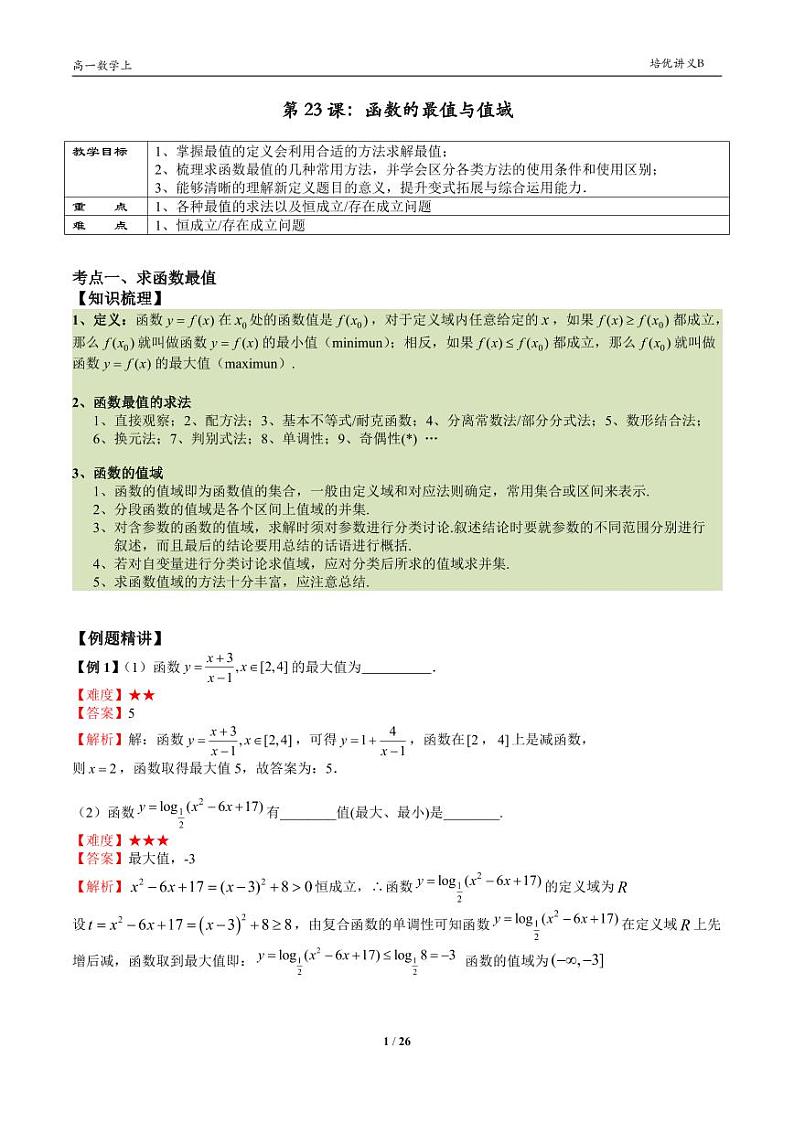 2025年沪教版高中数学高一第一学期-专题23-函数的最值-(学生版+教师版)01