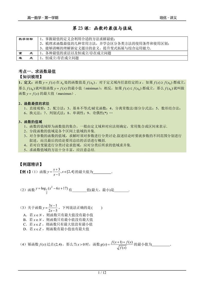 2025年沪教版高中数学高一第一学期-专题23-函数的最值-(学生版+教师版)01