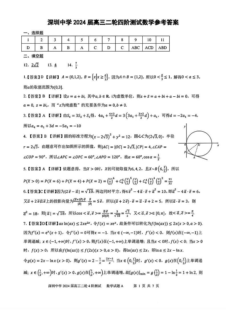 深圳中学2024届高三二轮四阶测试数学参考答案第1页