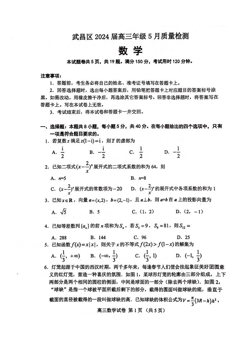 武昌区2024届高三年级5月质量检_数学第1页