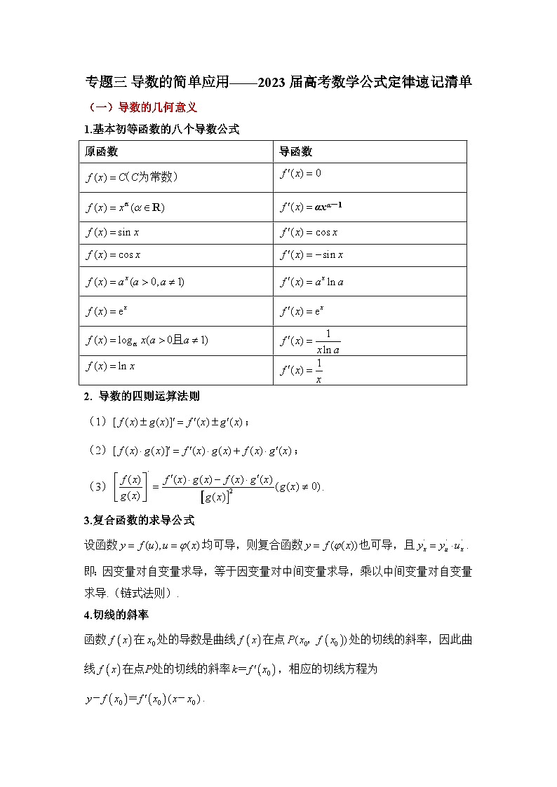 专题三 导数的简单应用——2023届高考数学公式定律速记清单第1页