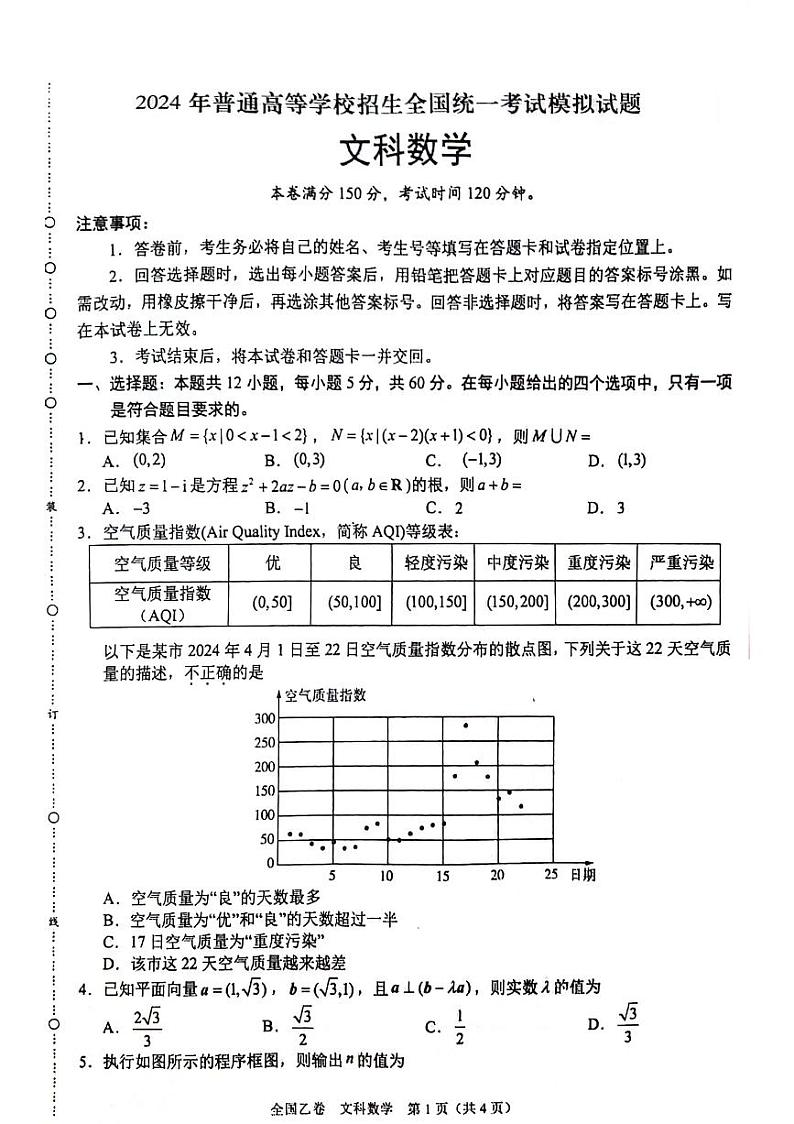 文科数学试题第1页
