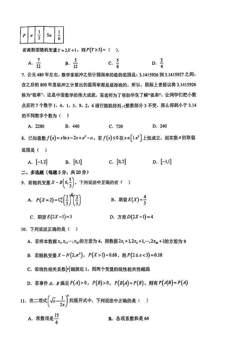 内蒙古中央民族大学附属中学呼和浩特分校2023-2024学年高二下学期期中考试数学试题02