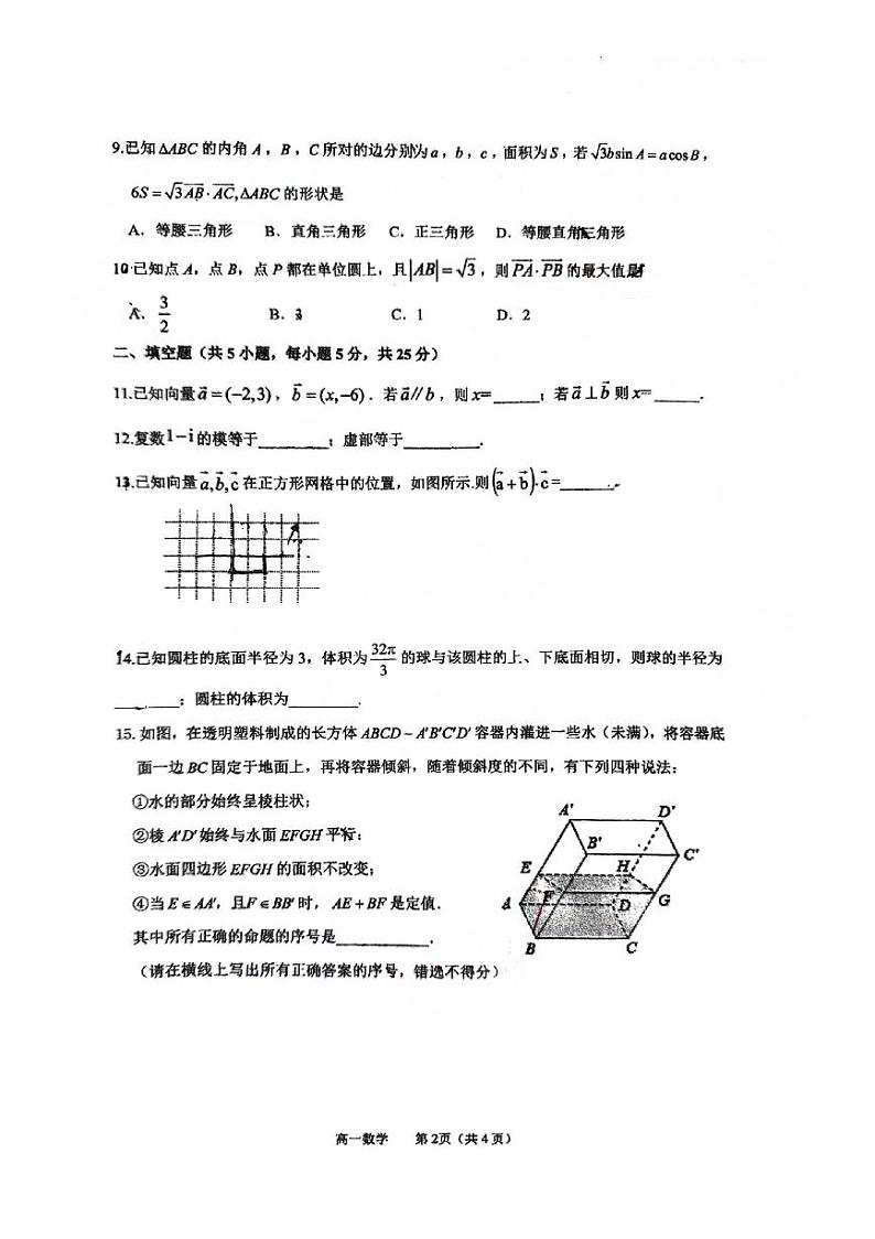 2024北京顺义一中高一（下）期中数学试题及答案02