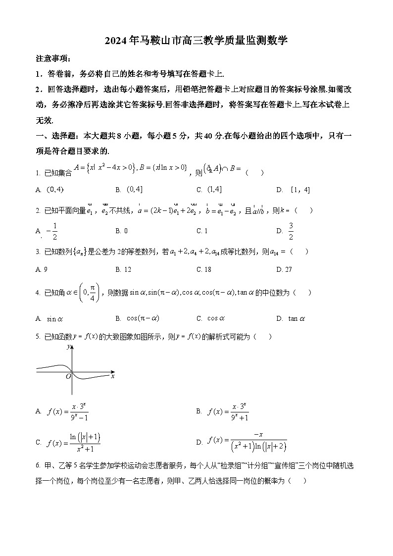 安徽省马鞍山市2024届高三下学期教学质量监测数学试题（原卷版+解析版）01