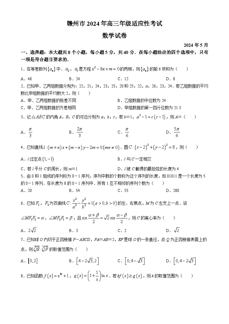 2024赣州高三下学期5月适应性考试数学试题01