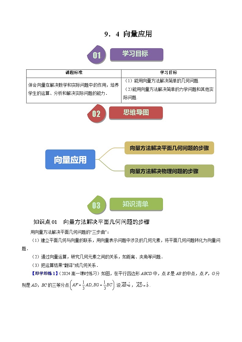 2024年高一数学下册（苏教版）-9.4 向量应用（四大题型）（原卷版+解析版）01