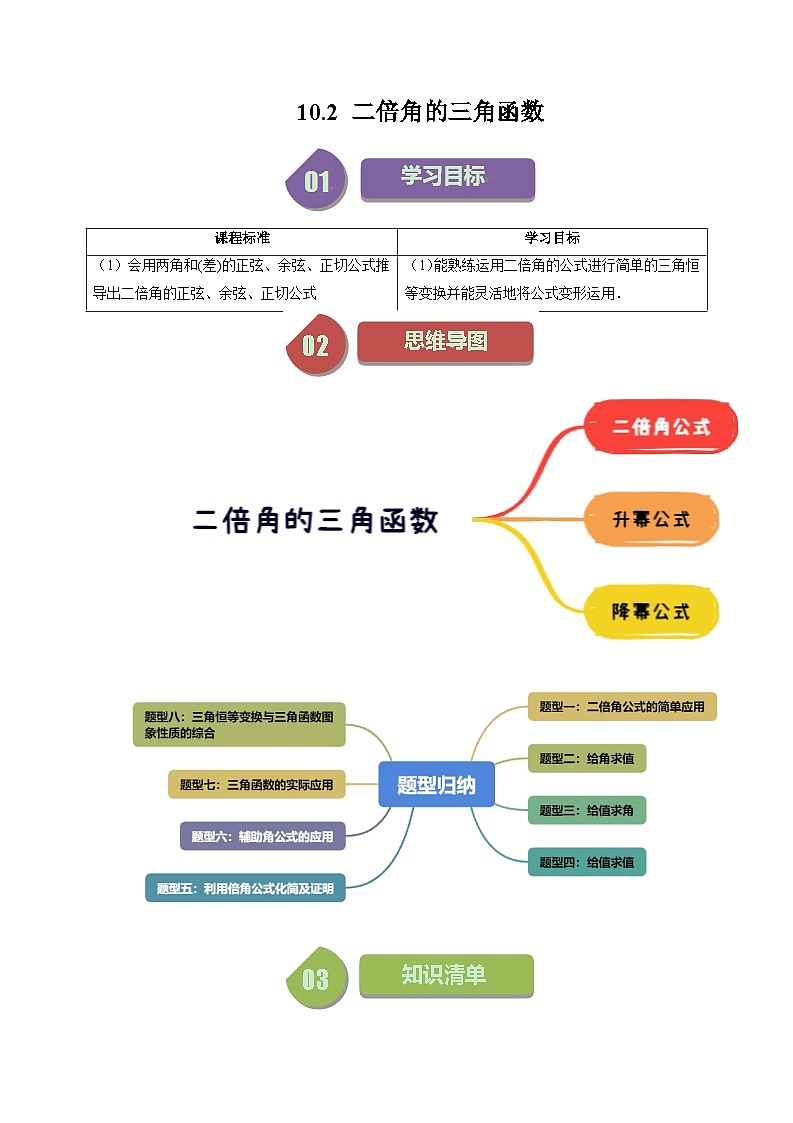 2024年高一数学下册（苏教版）-10.2 二倍角的三角函数 （八大题型）（原卷版+解析版）01