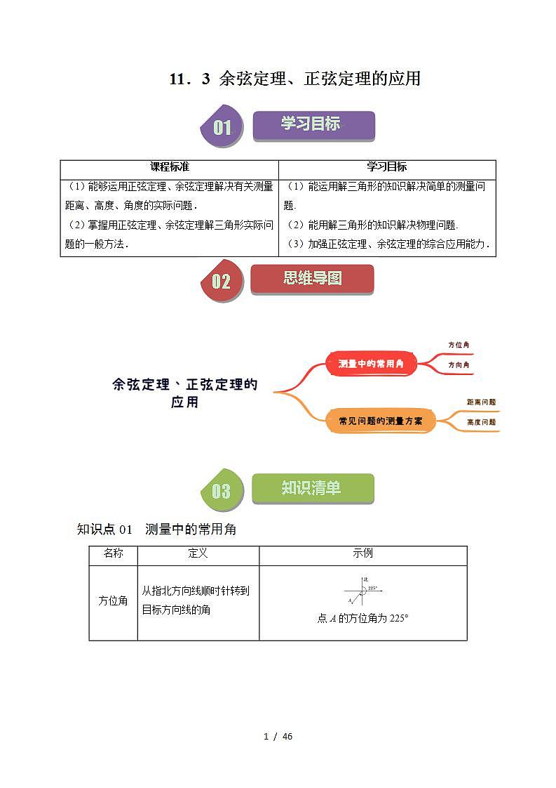 2024年高一数学下册（苏教版）-11.3 余弦定理、正弦定理的应用（六大题型）（原卷版+解析版）01