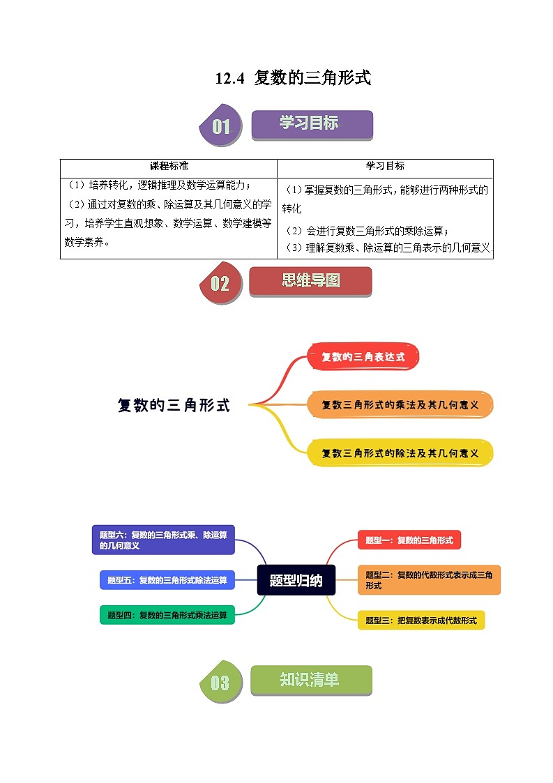 2024年高一数学下册（苏教版）-12.4 复数的三角形式（六大题型）（原卷版+解析版）01
