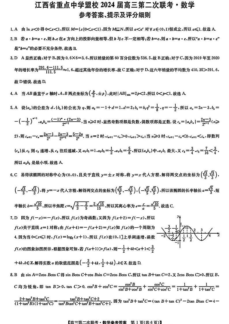 江西重点盟考二模数学参考答案提示及评分细则第1页