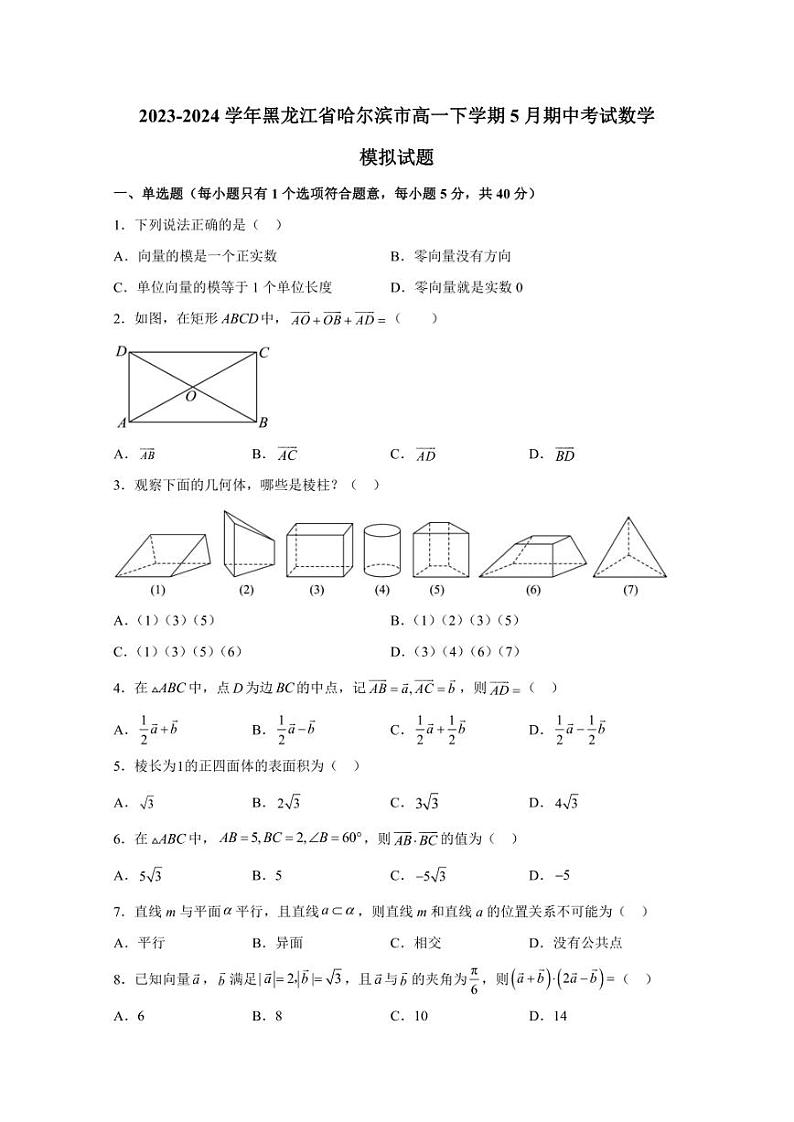 2023-2024学年黑龙江省哈尔滨市高一下学期5月期中考试数学模拟试题（含解析）01