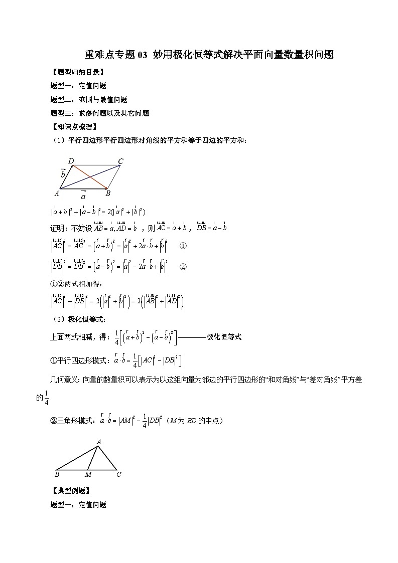 2023-2024学年高一数学下册同步学与练（苏教版）-重难点专题03 妙用极化恒等式解决平面向量数量积问题（解析版）第1页