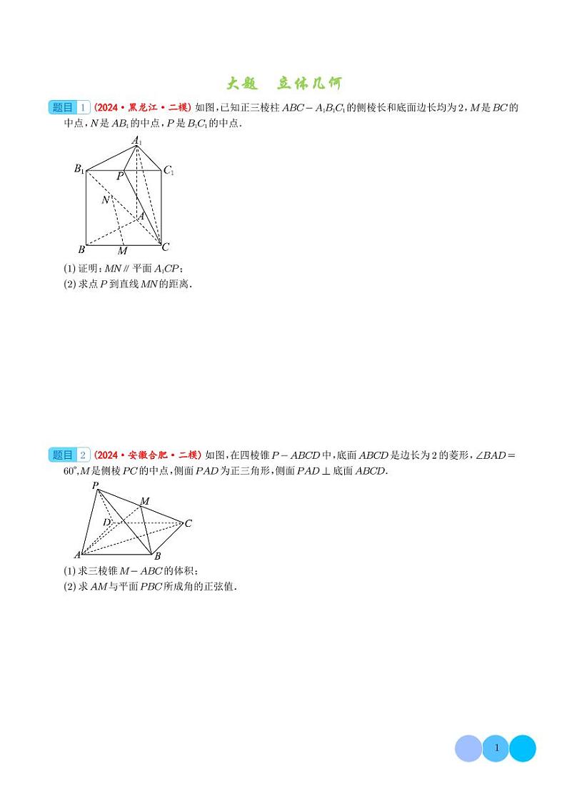 2024年新高考数学二轮复习 大题 立体几何（精选30题）（原卷版+含解析）01