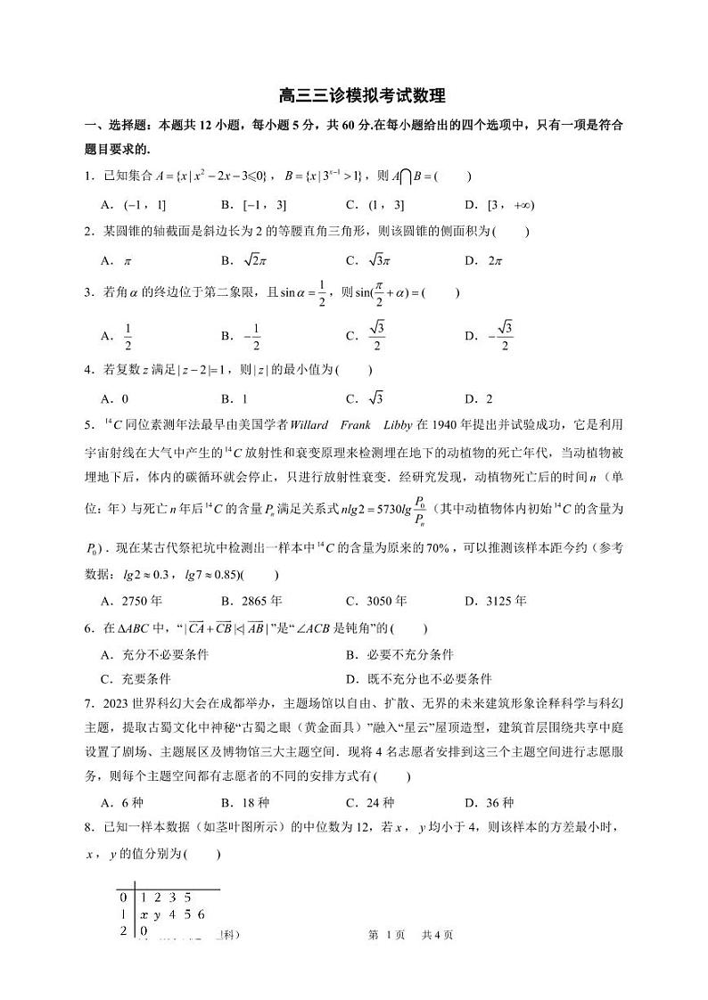 四川省成都市成华区某校2024届高三下学期三诊试题 数学（理） 含答案第1页